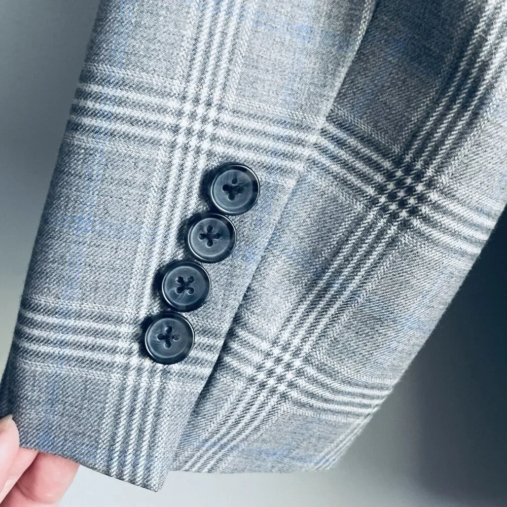Brooks Brothers Wool Blazer Mens 48R Gray Blue Plaid Fitzgerald Fit Suit Jacket